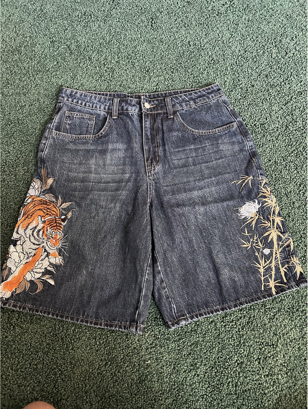 Embroidered Tiger Denim Shorts